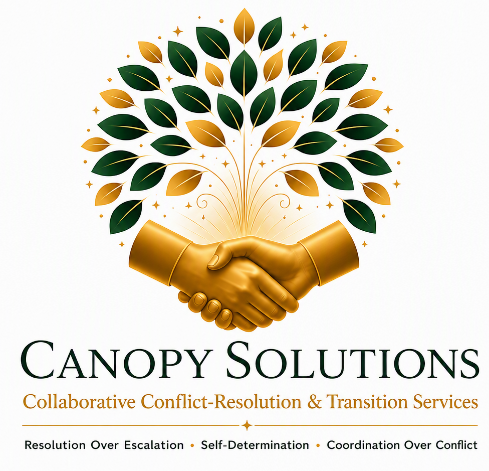 Canopy Solutions logo showing two hands shaking beneath a stylized tree representing collaboration and growth.